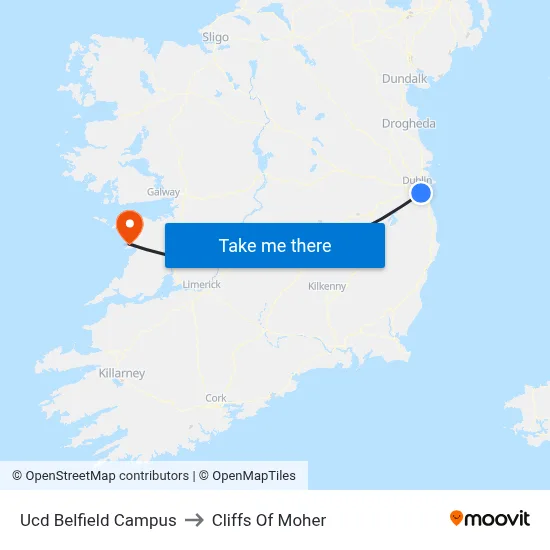 Ucd Belfield Campus to Cliffs Of Moher map