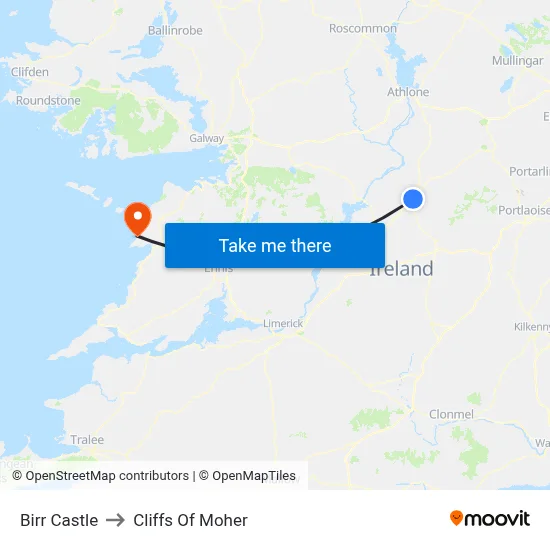 Birr Castle to Cliffs Of Moher map