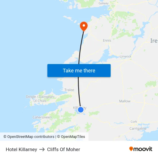 Hotel Killarney to Cliffs Of Moher map
