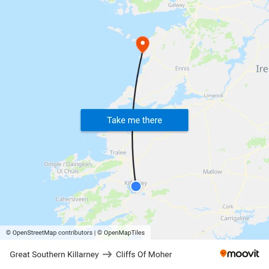 Great Southern Killarney to Cliffs Of Moher map