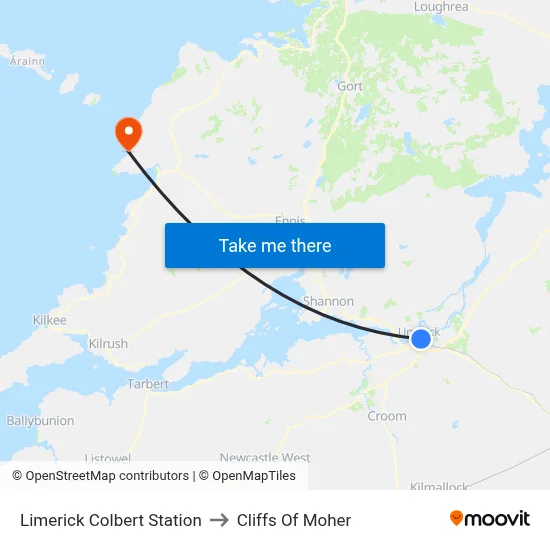 Limerick Colbert Station to Cliffs Of Moher map