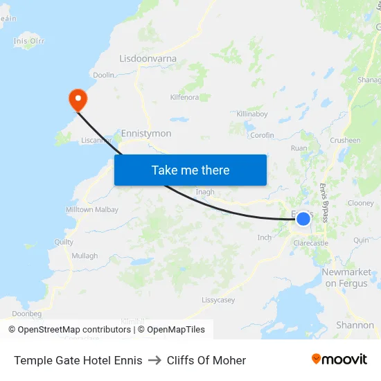 Temple Gate Hotel Ennis to Cliffs Of Moher map