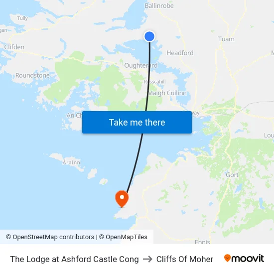 The Lodge at Ashford Castle Cong to Cliffs Of Moher map