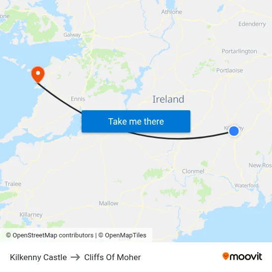 Kilkenny Castle to Cliffs Of Moher map