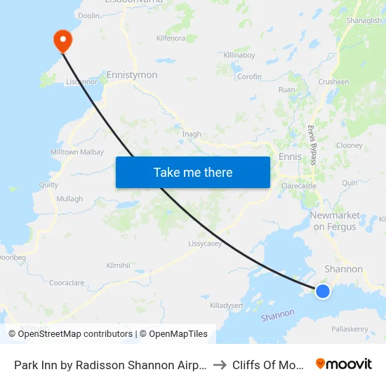 Park Inn by Radisson Shannon Airport to Cliffs Of Moher map