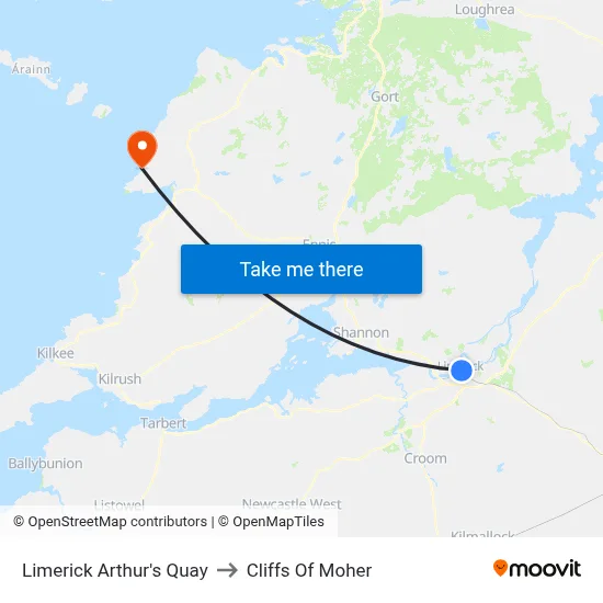Limerick Arthur's Quay to Cliffs Of Moher map
