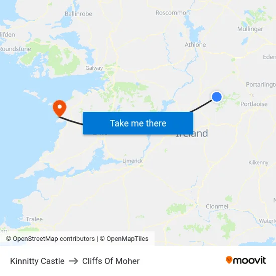 Kinnitty Castle to Cliffs Of Moher map