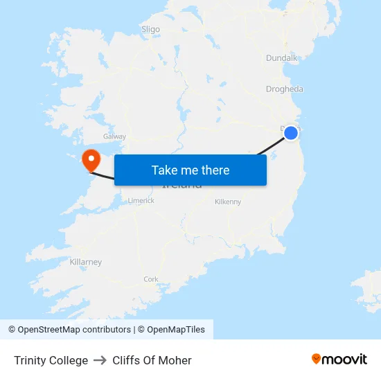 Trinity College to Cliffs Of Moher map