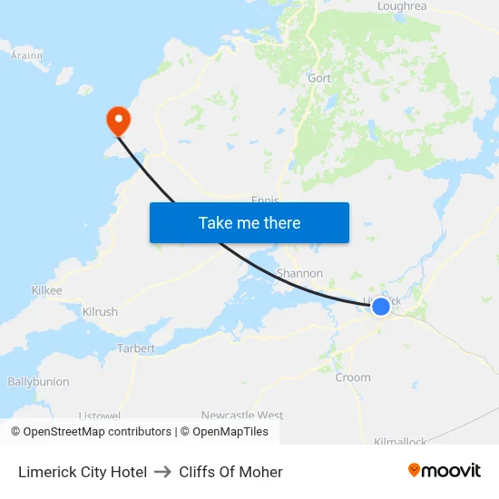 Limerick City Hotel to Cliffs Of Moher map
