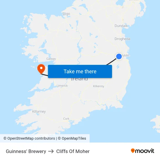 Guinness' Brewery to Cliffs Of Moher map