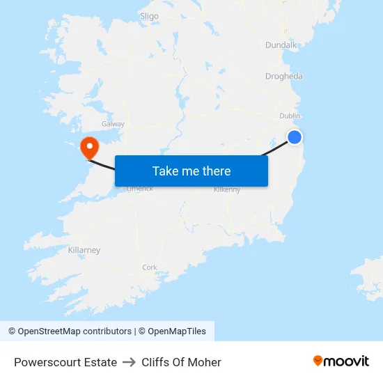 Powerscourt Estate to Cliffs Of Moher map
