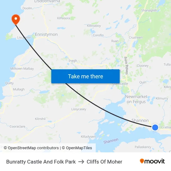 Bunratty Castle And Folk Park to Cliffs Of Moher map