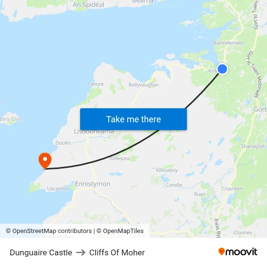 Dunguaire Castle to Cliffs Of Moher map