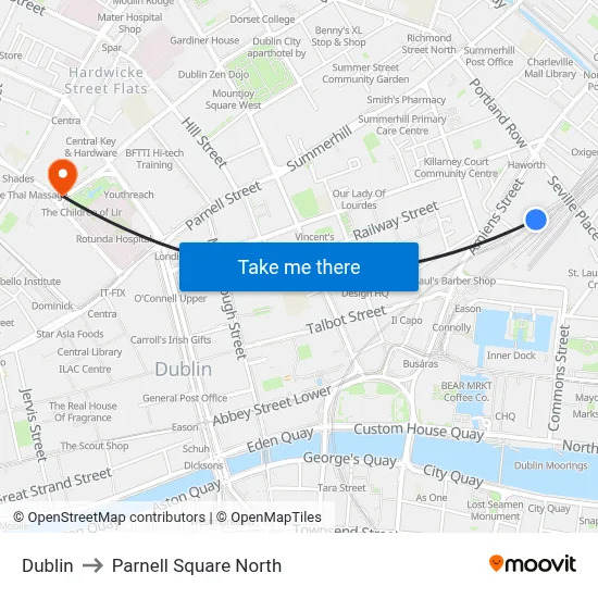 Dublin to Parnell Square North map