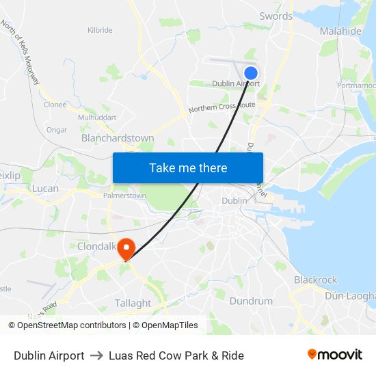 Dublin Airport to Luas Red Cow Park & Ride map