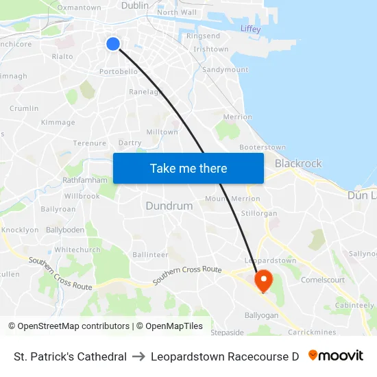 St. Patrick's Cathedral to Leopardstown Racecourse D map