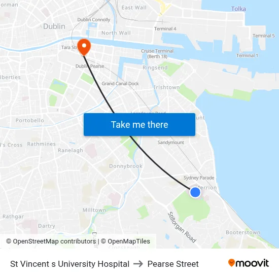 St Vincent s University Hospital to Pearse Street map