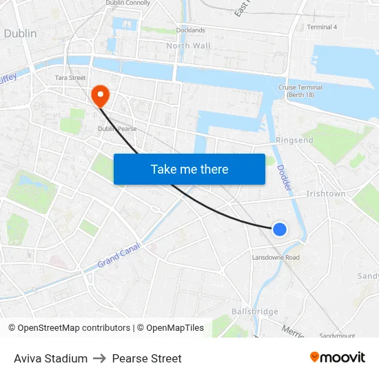 Aviva Stadium to Pearse Street map