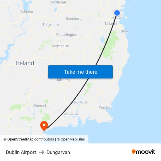 Dublin Airport to Dungarvan map