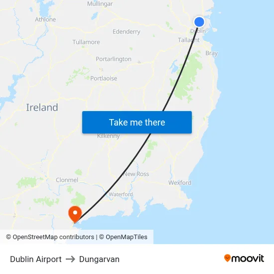 Dublin Airport to Dungarvan map