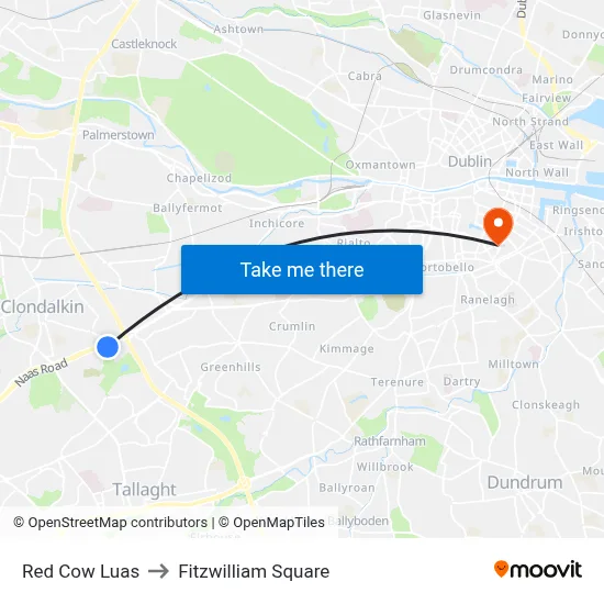 Red Cow Luas to Fitzwilliam Square map