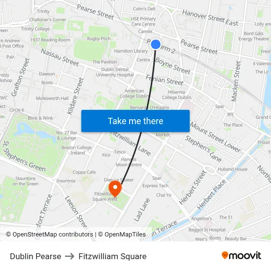 Dublin Pearse to Fitzwilliam Square map