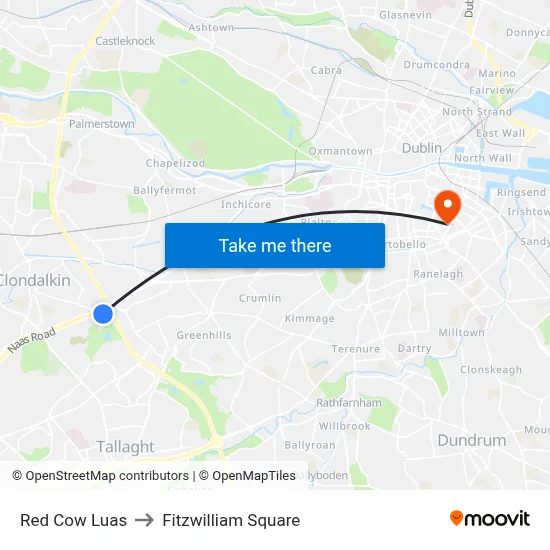 Red Cow Luas to Fitzwilliam Square map
