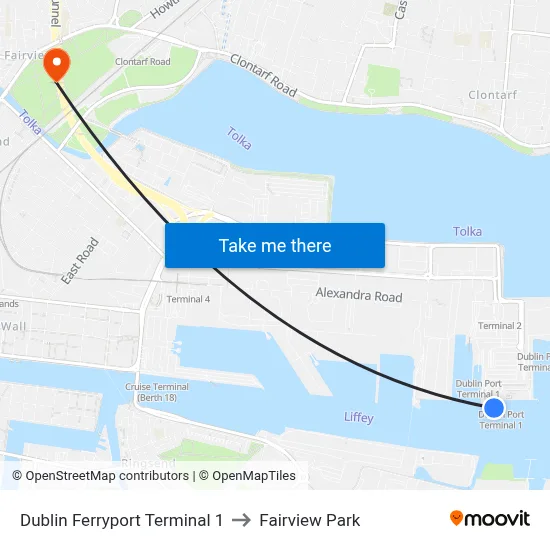 Dublin Ferryport Terminal 1 to Fairview Park map