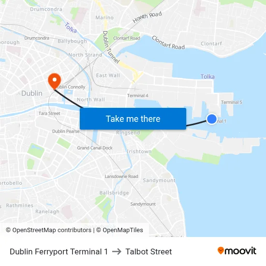 Dublin Ferryport Terminal 1 to Talbot Street map
