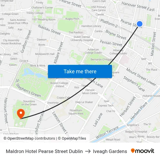 Maldron Hotel Pearse Street Dublin to Iveagh Gardens map