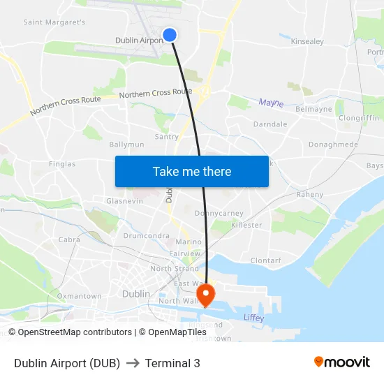Dublin Airport (DUB) to Terminal 3 map