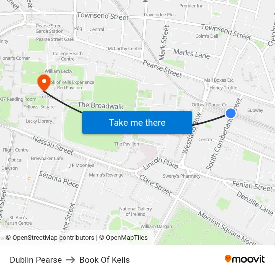 Dublin Pearse to Book Of Kells map