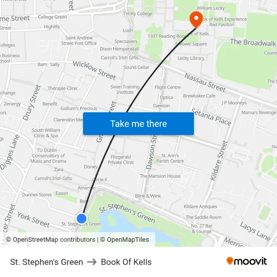 St. Stephen's Green to Book Of Kells map