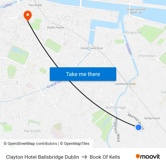 Clayton Hotel Ballsbridge Dublin to Book Of Kells map