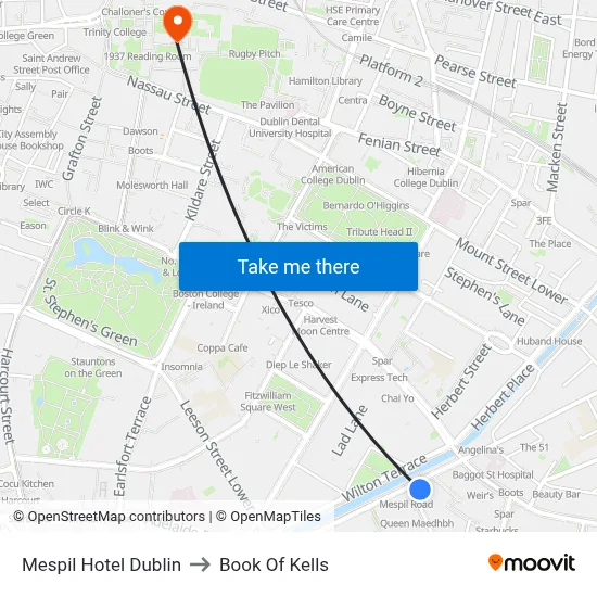 Mespil Hotel Dublin to Book Of Kells map