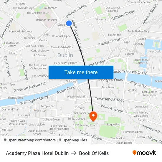 Academy Plaza Hotel Dublin to Book Of Kells map