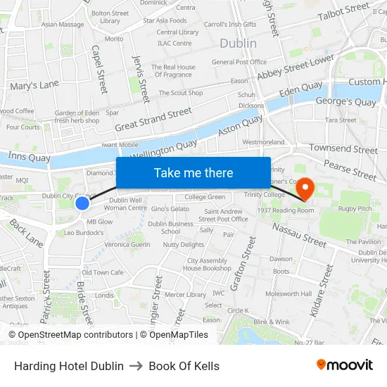 Harding Hotel Dublin to Book Of Kells map