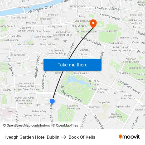 Iveagh Garden Hotel Dublin to Book Of Kells map