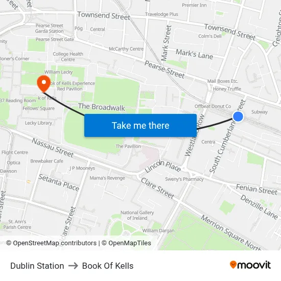 Dublin Station to Book Of Kells map