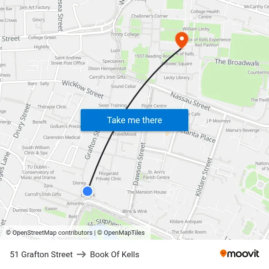 51 Grafton Street to Book Of Kells map