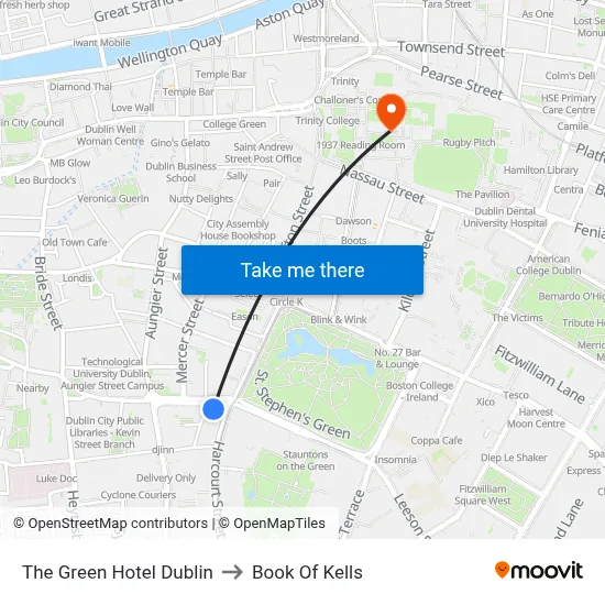 The Green Hotel Dublin to Book Of Kells map