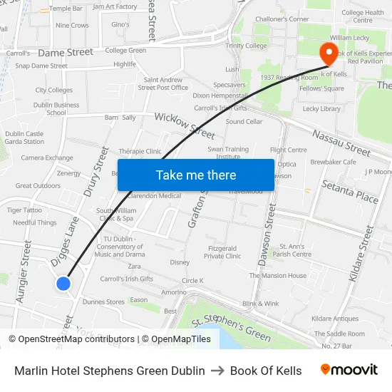Marlin Hotel Stephens Green Dublin to Book Of Kells map