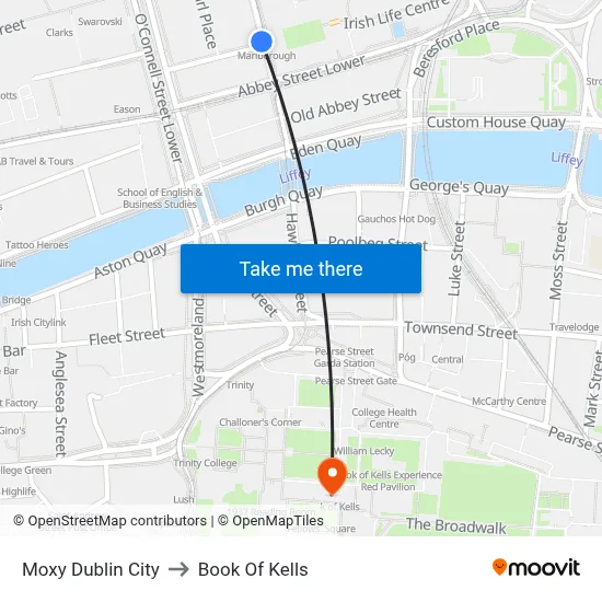 Moxy Dublin City to Book Of Kells map