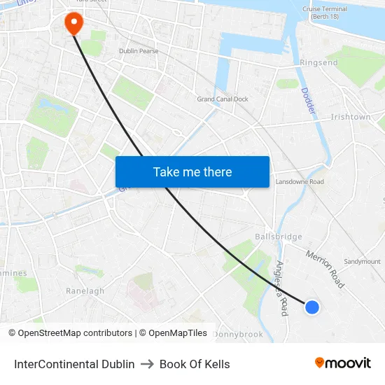 InterContinental Dublin to Book Of Kells map
