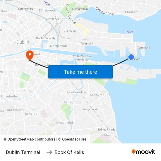 Dublin Terminal 1 to Book Of Kells map