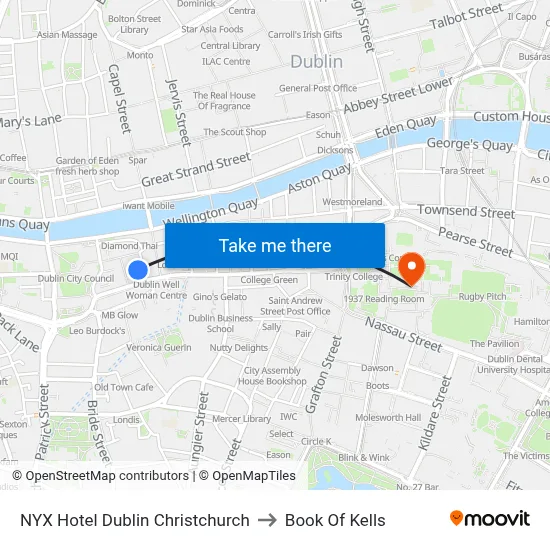 NYX Hotel Dublin Christchurch to Book Of Kells map