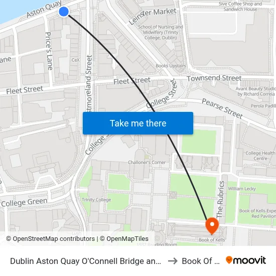 Dublin Aston Quay O'Connell Bridge and Temple Bar to Book Of Kells map
