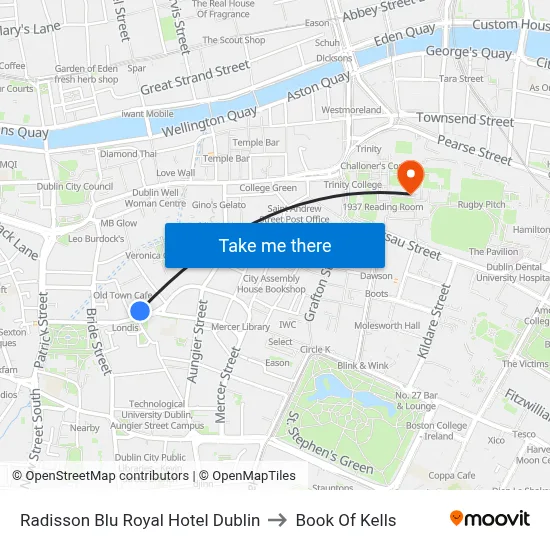 Radisson Blu Royal Hotel Dublin to Book Of Kells map