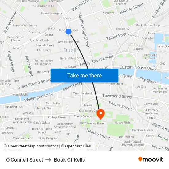 O'Connell Street to Book Of Kells map