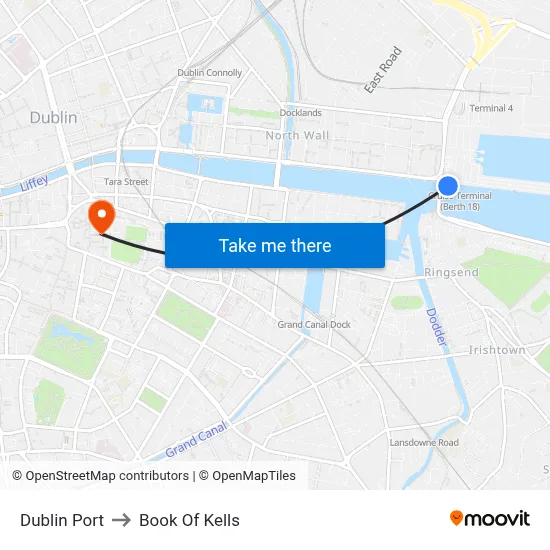 Dublin Port to Book Of Kells map